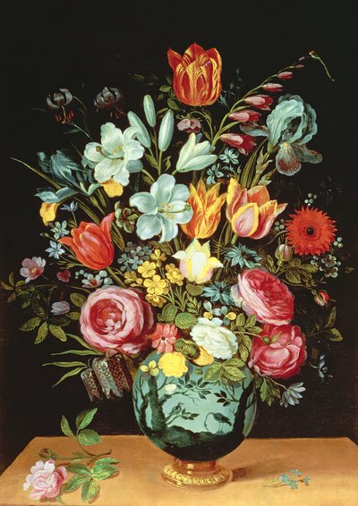 A Still Life of Flowers in a Porcelain Vase Resting on a Ledge by Phillipe de Marlier